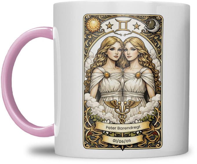 Sterrenbeeld mok - Tweeling - Roze - Tarot mok - Gepersonaliseerd met naam en datum