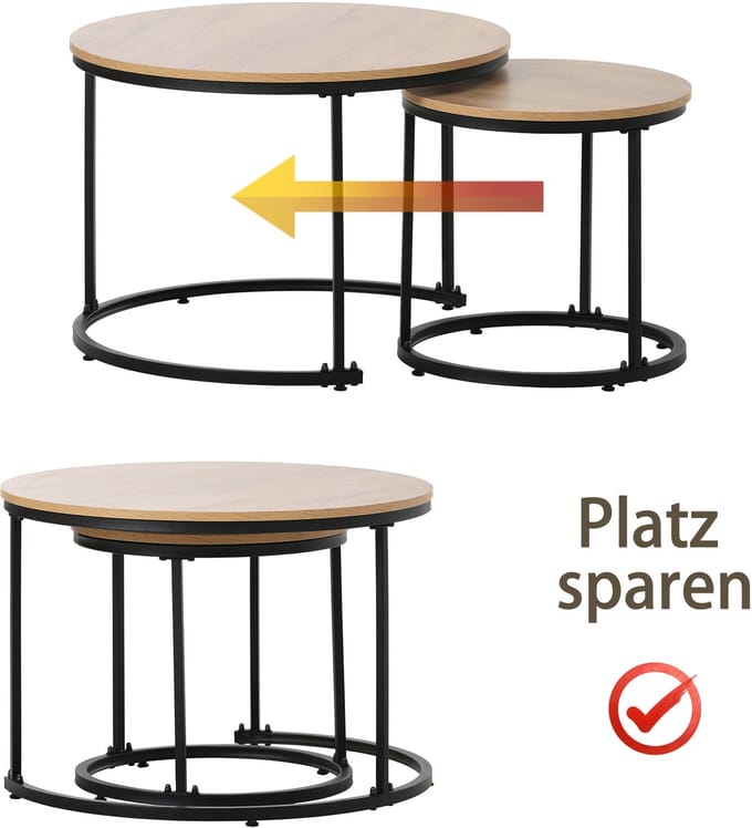 Stijlvolle ronde salontafel set - 2 geneste bijzettafels - Eik design - Moderne woonkamertafels