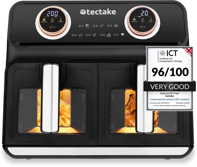 tectake® Dubbele Airfryer Samurai - Airfryer XXL - 8L inhoud - 2400W - 7 bakprogramma's - 2 Lades - Dubbele mand - Dual zone technologie - Heteluchtfriteuse