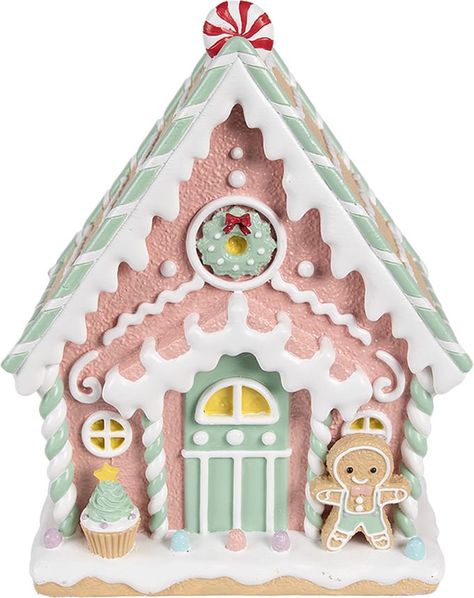 Clayre & Eef Gingerbread house 20x16x25 cm Roze Kunststof