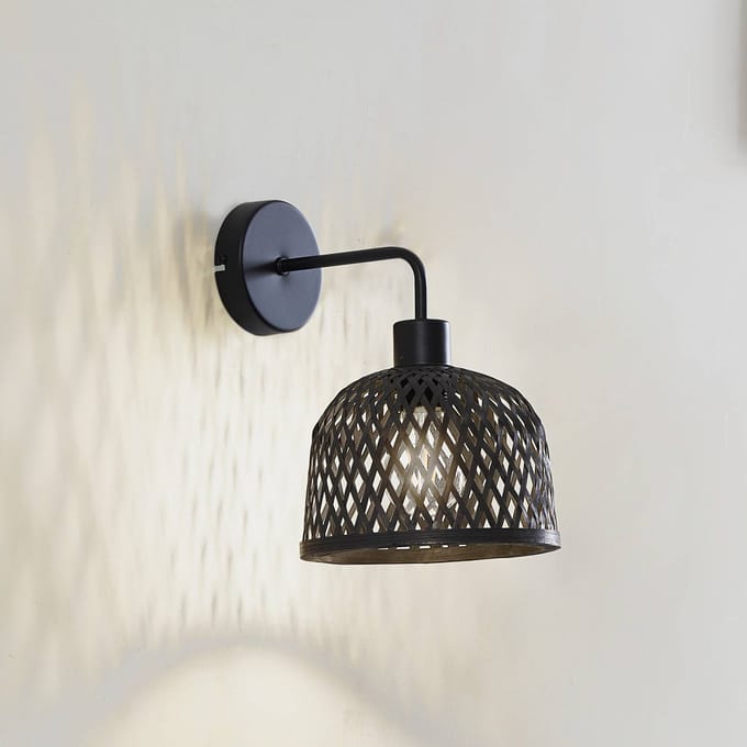 Lindby - Wandlamp hout - 1licht - Bamboe, metaal - H: 27 cm - E27 - zwart