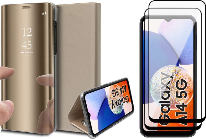 Hoesje geschikt voor Samsung Galaxy A14 - 2x Screen Protector FullGuard - Book Case Spiegel Goud & Screenprotector