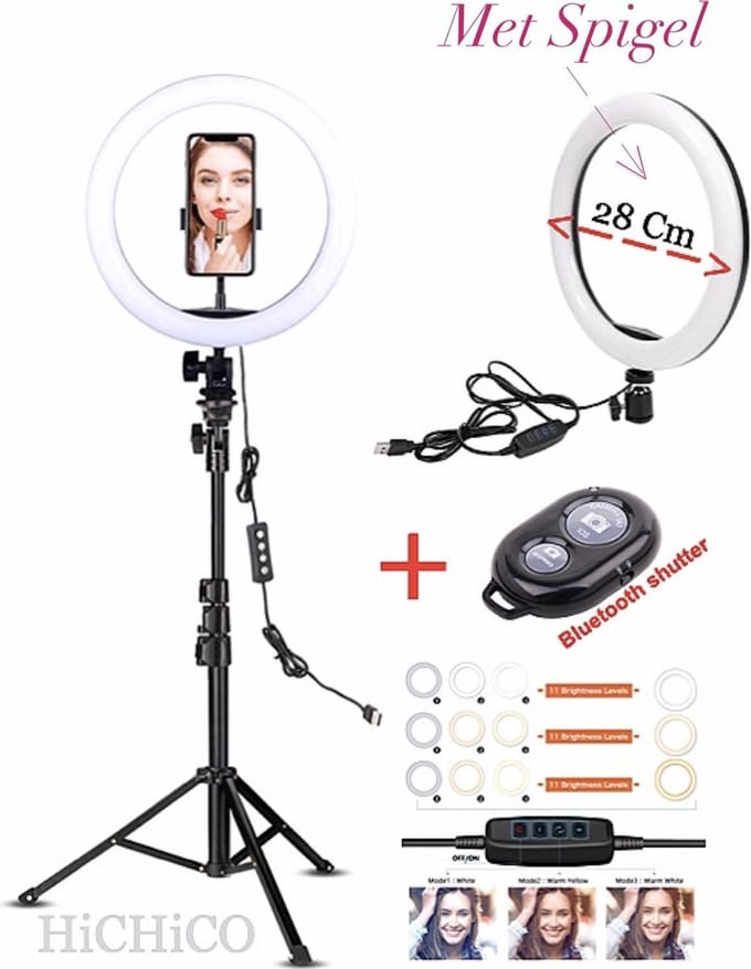 Ringlamp - Tripod Camera Statief 2M met Ring Lamp, LED Ring Light 10inch Inclusief Bluetooth shutter en Achter en-Voorkant Spiegel – HiCHiCO®