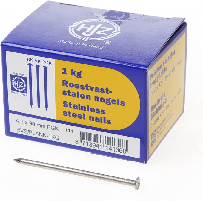 Hjz RVS nagels plat geruite kop 4.0 x 90mm 1kg