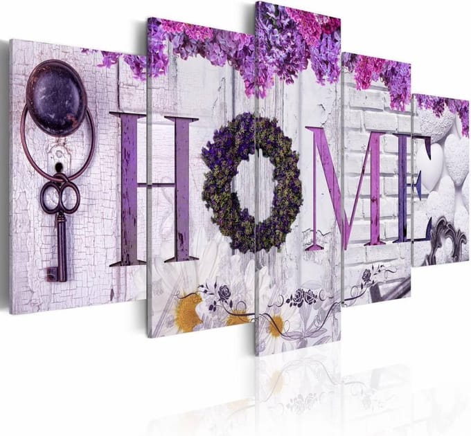 Schilderij - Paars thuis, home, 5 luik, Paars/Wit, 2 maten, Premium print