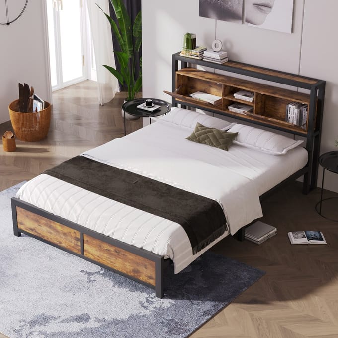 MODFU Bedframe 140x200 cm van metaal en MDF, met opberg-hoofdbord, naturel