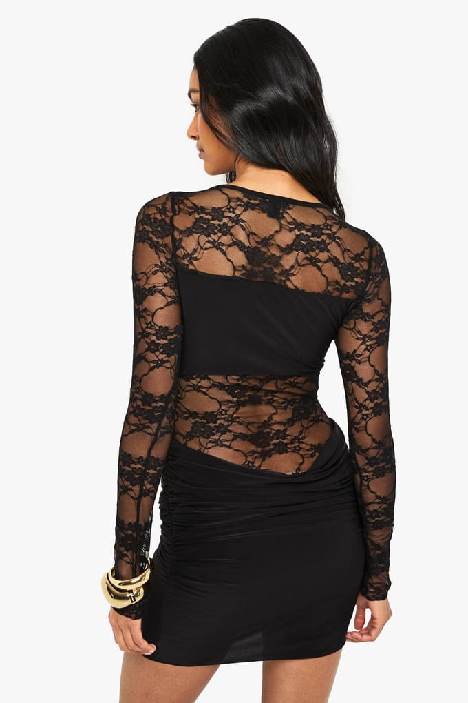 boohoo Dames Kant en Slinky Mix Mini Jurk | Black | Maat: 14