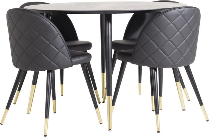 DippØ115BLBR eethoek eetkamertafel zwart en 4 Velvet eetkamerstal PU kunstleer zwart.