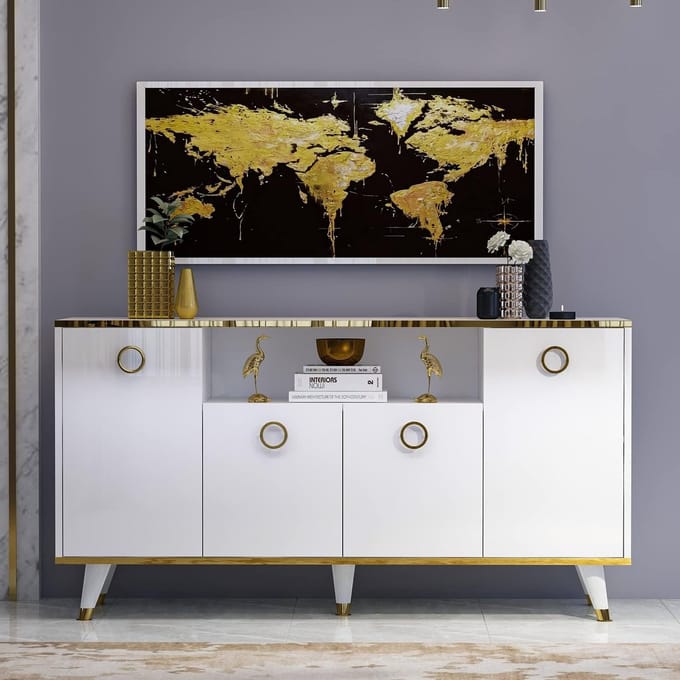 Console met 4 Deuren, Dressoir en Opbergruimte in Rustiek Wit voor een Stijlvol Interieur