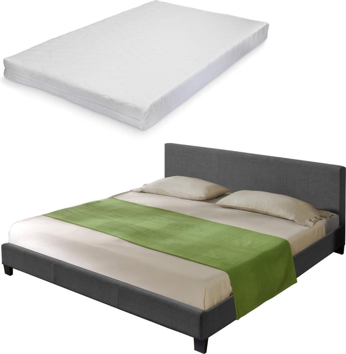Houten bed stof bedbodem en matras 180x200 cm donkergrijs