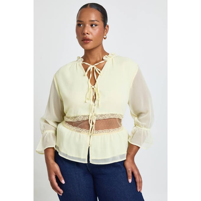boohoo Dames Plus Crinkle Chiffon Blouse Met Kanten Inzet | Citroen | Maat: 56