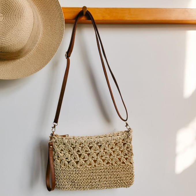 Handgemaakte Stro Geweven Holle Bloem Handige Messenger Tas groen