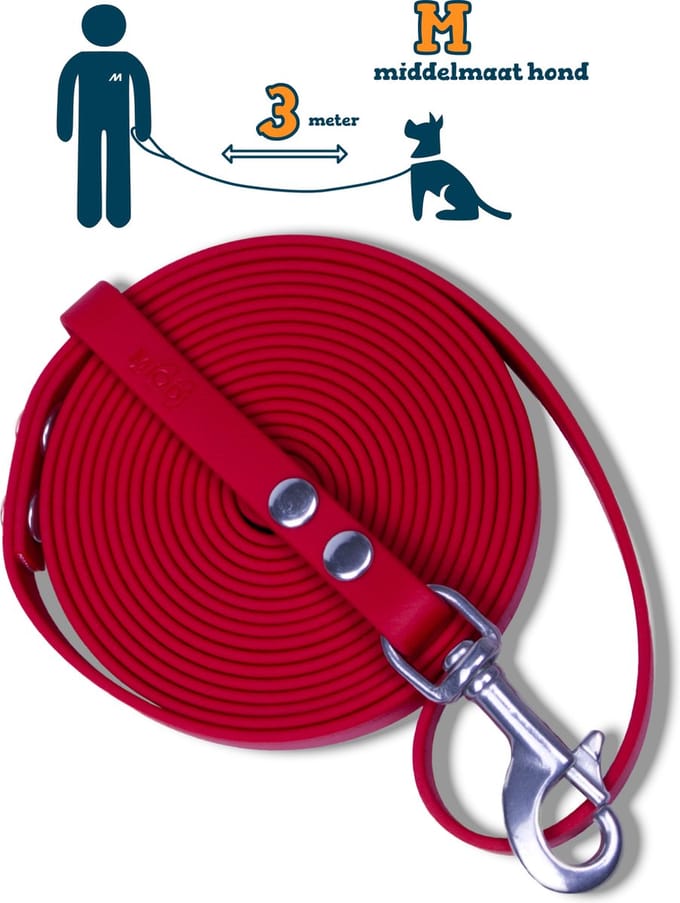 Miqdi hondenriem - BioThane® – rood – 3 meter lang – 13mm breed – M – middelmaat hond