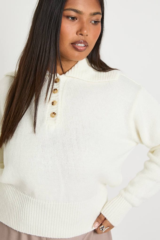boohoo Dames Plus Gebreide Henley Kraag Trui | Ecru | Maat: 28