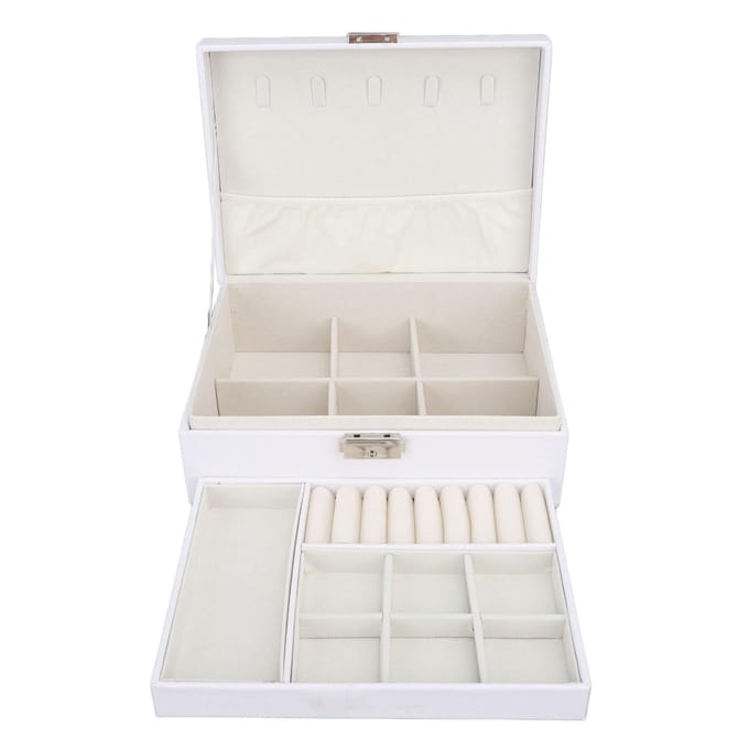 Sieradendoos Wit Hout Grote Capaciteit 2 Lagen Meerdere Vakjes PU Leer Draagbaar beige
