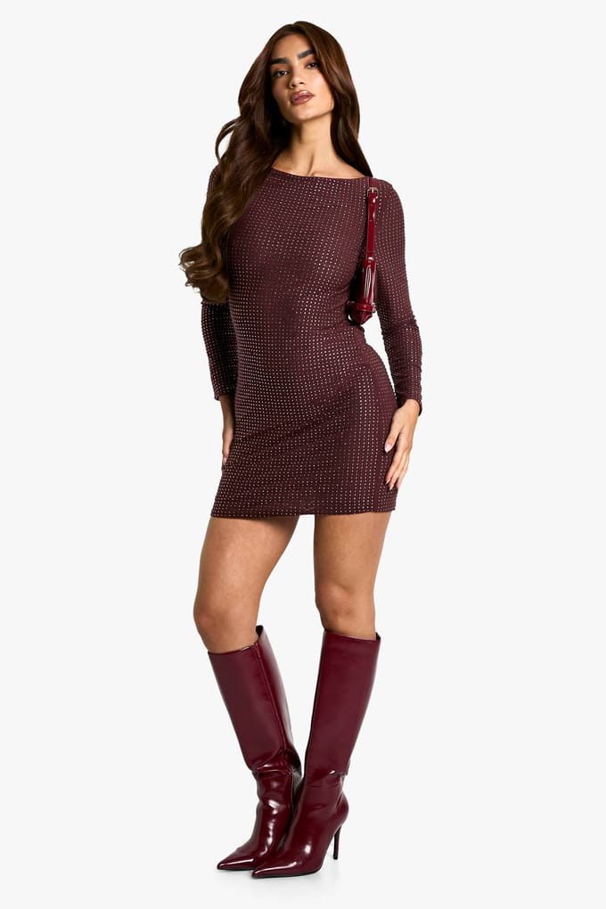 boohoo Dames Hot Fix Scoop Back Mini Jurk | Mauve | Maat: 36