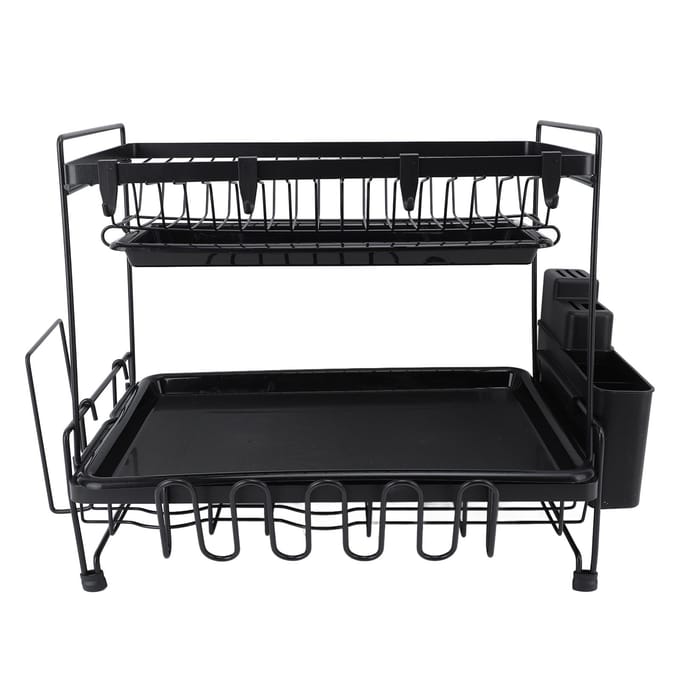 Égouttoir à vaisselle pliable à 2 niveaux, polyvalent et pratique, avec porte-ustensiles black