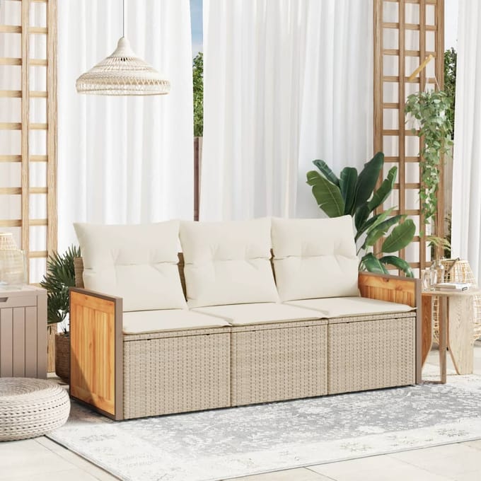 vidaXL - 3-delige - Loungeset - met - kussens - poly - rattan - beige