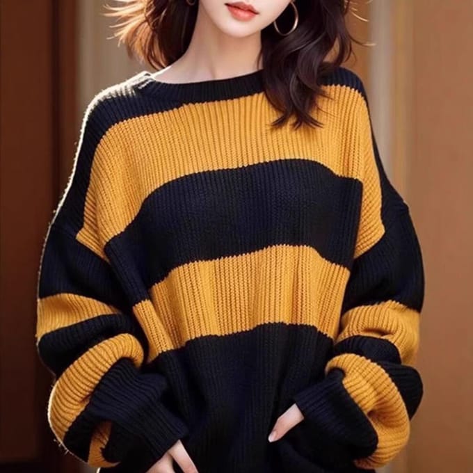 Kleurblokken Gestreept Losse Trui Dames Lange Mouw Pullover Gebreide Trui Top L orange