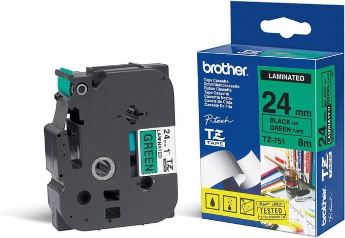 Brother Gloss Laminated Labelling Tape - 24mm, Black/Green