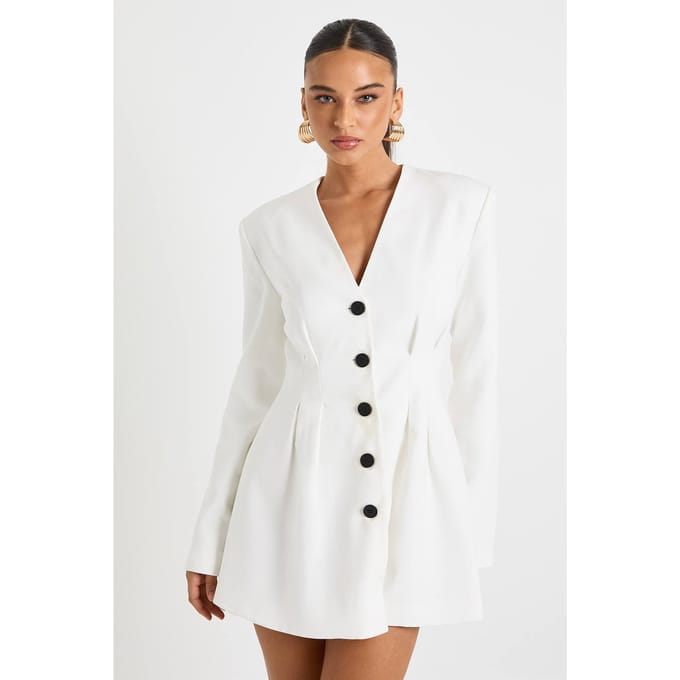 boohoo Dames Lange mouwen kraagloze getailleerde mini-jurk | Wit | Maat: 38