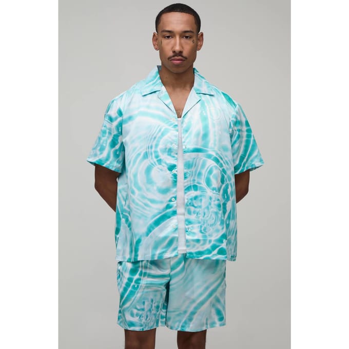 Oversized Shirt En Short Set Met Korte Mouwen En Waterprint Satijn | Blue | Size Medium