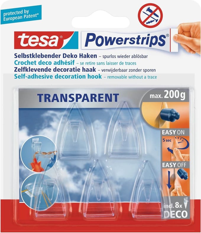 Tesa powerstrips deco haken - 10x stuks - transparant - kunststof - zelfklevend