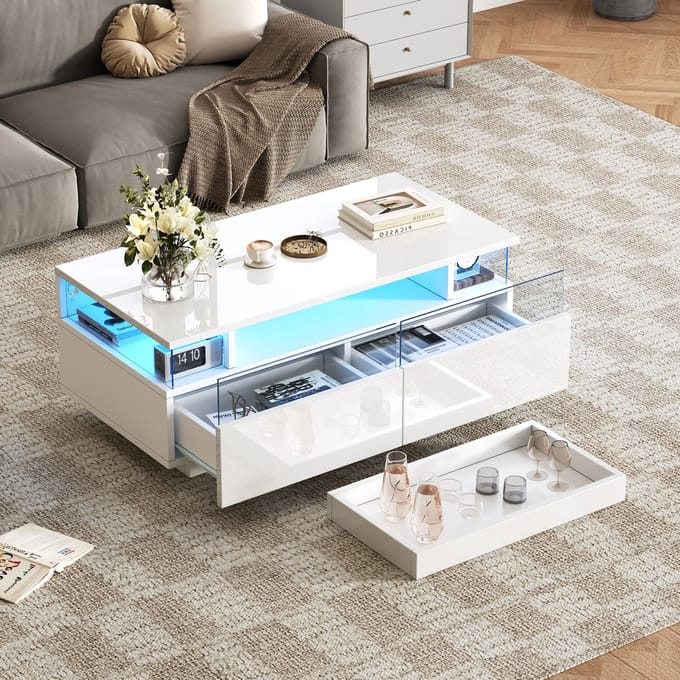 Salontafel - 90 x 45 x 35.5 cm - Hoogglans met 2 Lades en LED Licht - Tempered Glas - Wit