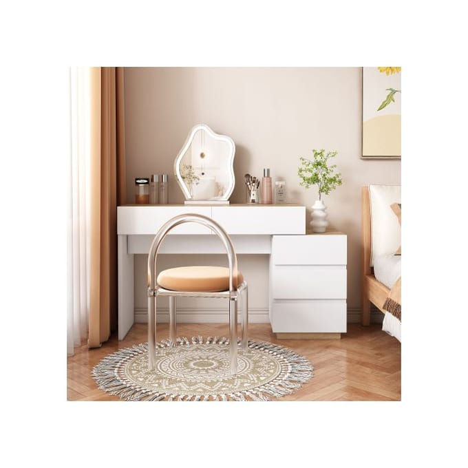 Bureau - MUVOE - 5 lades - Wit + eiken - Spaanplaat E1 - Klassieke stijl wit