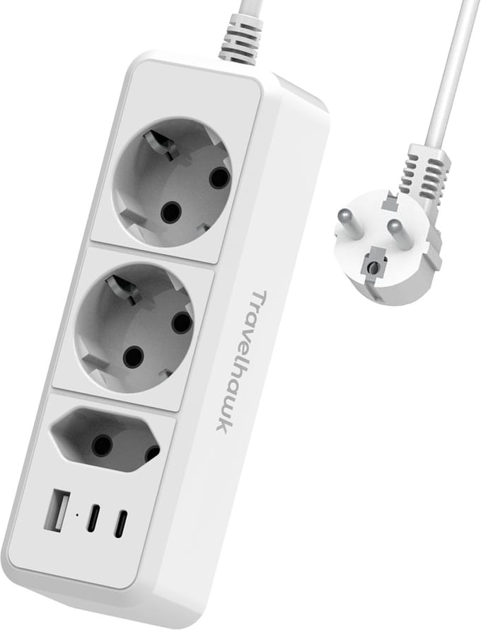 Travelhawk Verlengsnoer - Stekkerdoos - 1.5m Verlengkabel - Met 1x USB-A en 2x USB-C - Verdeeldoos - Horizontaal - Wit