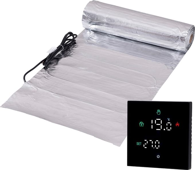Complete elektrische vloerverwarming folie set, 150 watt incl Wifi thermostaat., 18 m², Zwart