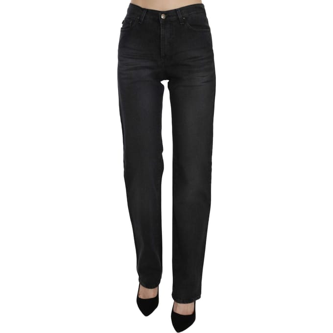 Just Cavalli Zwarte Gewassen Hoge Taille Rechte Denim Broek Jeans