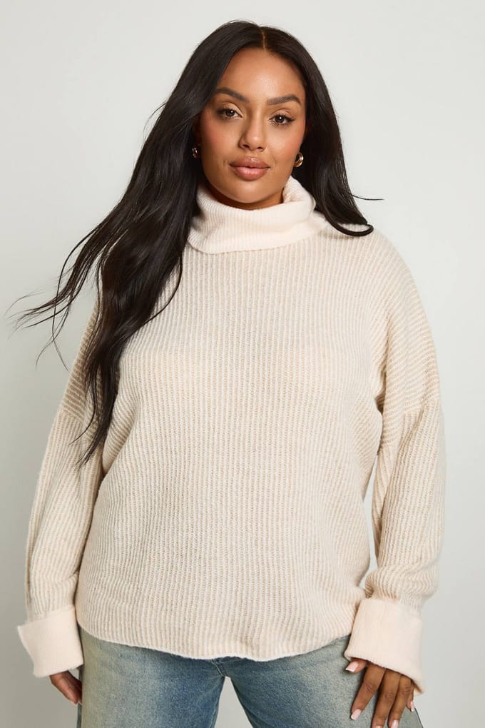 boohoo Dames Plus Roll Neck Longline Batwing Trui | Cream | Maat: 16-18