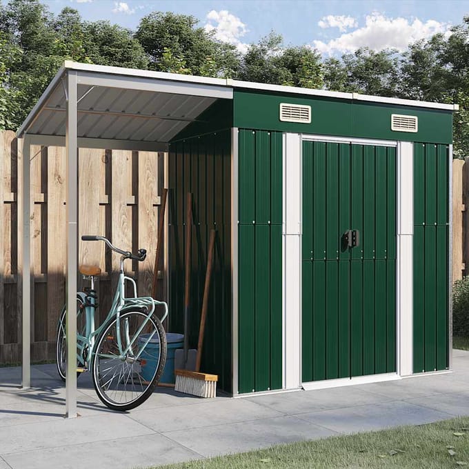 vidaXL - Tuinschuur - met - verlengd - dak - 277x107x181 - cm - staal - groen