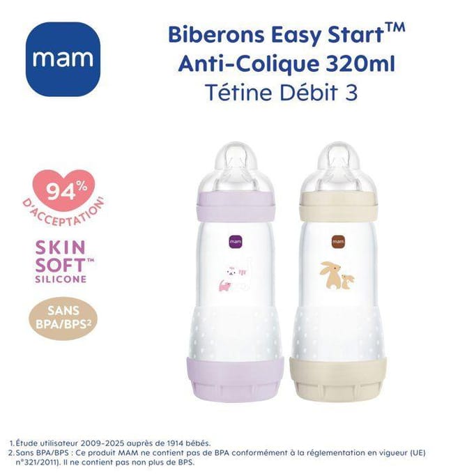 Lot de 2 Biberons - MAM - Easy Start - Anti-colique - 320 ml - Tétine débit 3 - Lilas + Sable