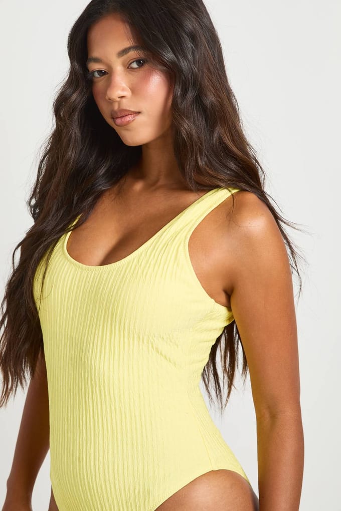 boohoo Dames Gestructureerd Badpak Met Ronde Hals | Citroen | Maat: 38