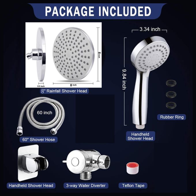 Regendouchekopcombinatie 8 inch regendouchekop en 3-standen handdoucheslangbeugel zilver