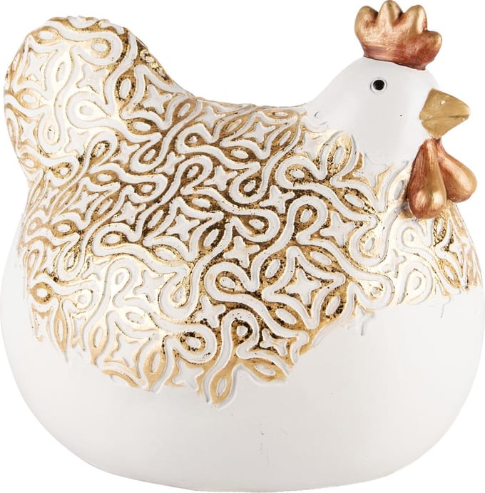 Dekoratief | Kip broedend, wit/goud, resina, 19x16x18cm | A240746