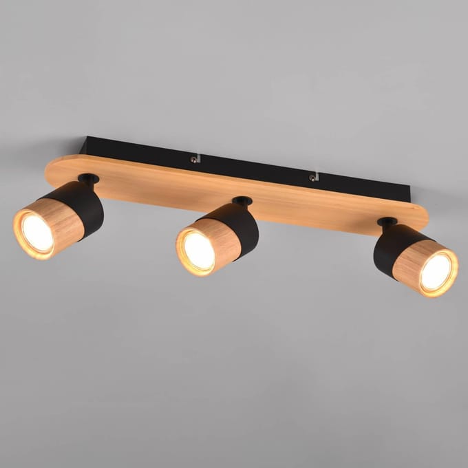 Trio Lighting Plafondspot Aruni van hout, 3-lamps zwart