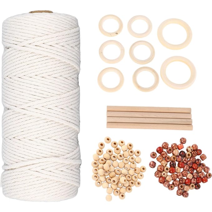 Macramé Kits voor Beginners Katoenen Macramé Koord met Houten Kralen Houten Ringen Macramé Plantenhanger white
