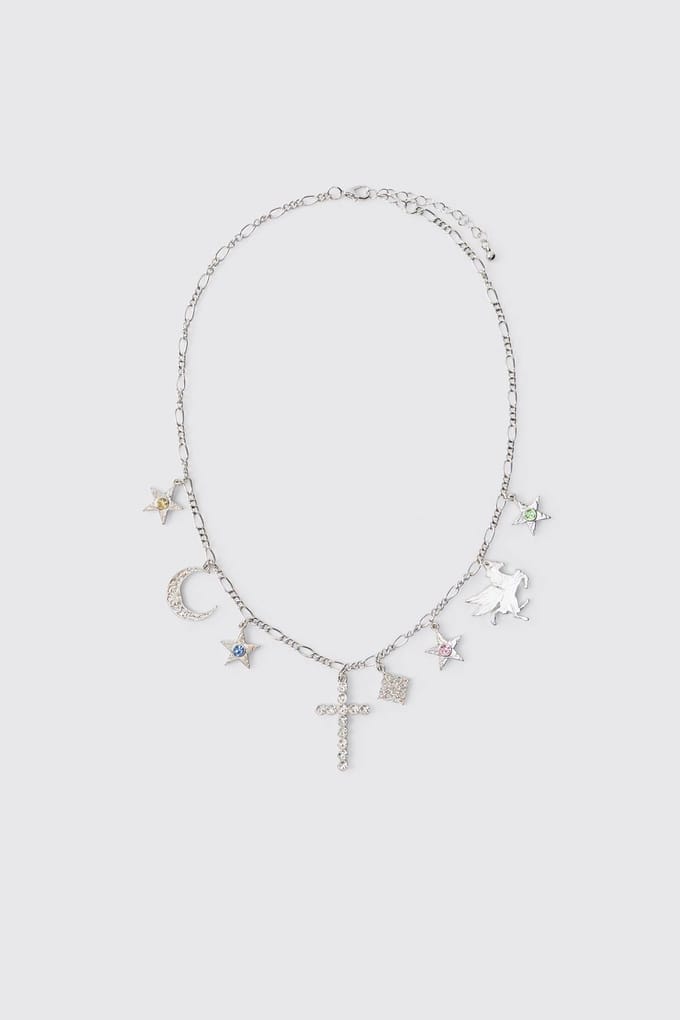 Silver Layered Necklace with Star and Key Charms