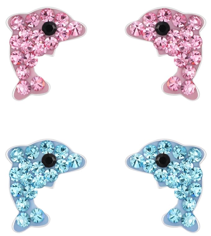 Joy|S - Zilveren dolfijn oorbellen - set 2 paar - roze blauw