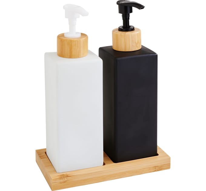 VBS Zeepdispenser‑set “Black & White”, met bamboe dienblad