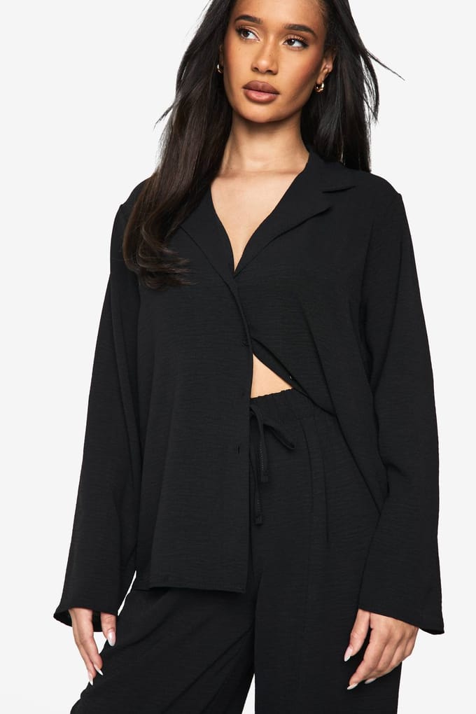 boohoo Dames Geweven Oversized Shirt & Trekknoop Broek Co-ord | Black | Maat: 6