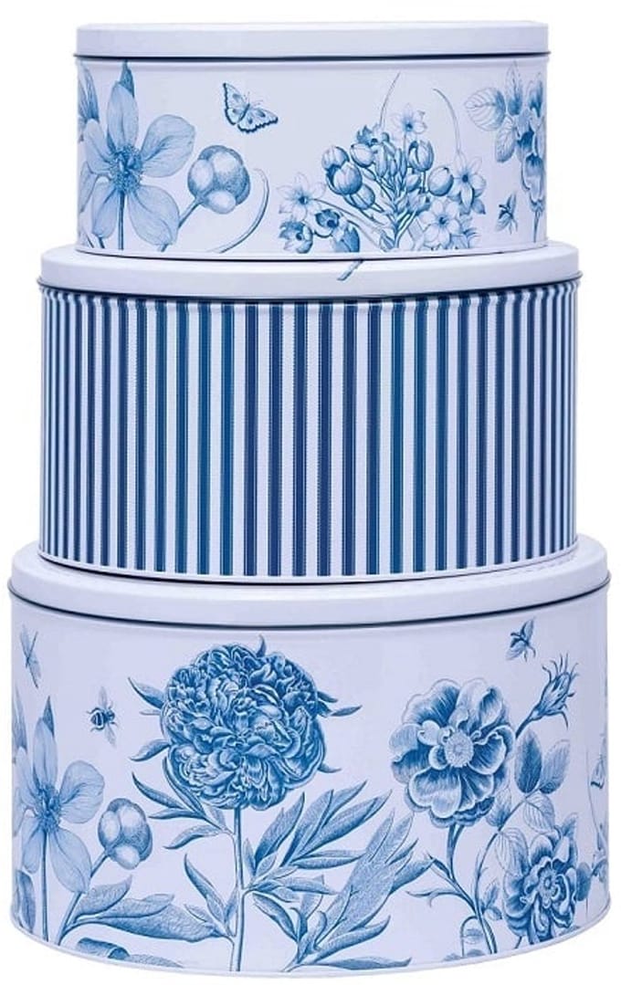 Blikken set (3) Bloemen, blauw/ wit Ø25x15cm