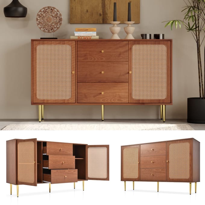 Ladenkast - H90xB150xD40 cm - 3 Laden + 2 Deuren - Verstelbare Planken - Rattan - Noten