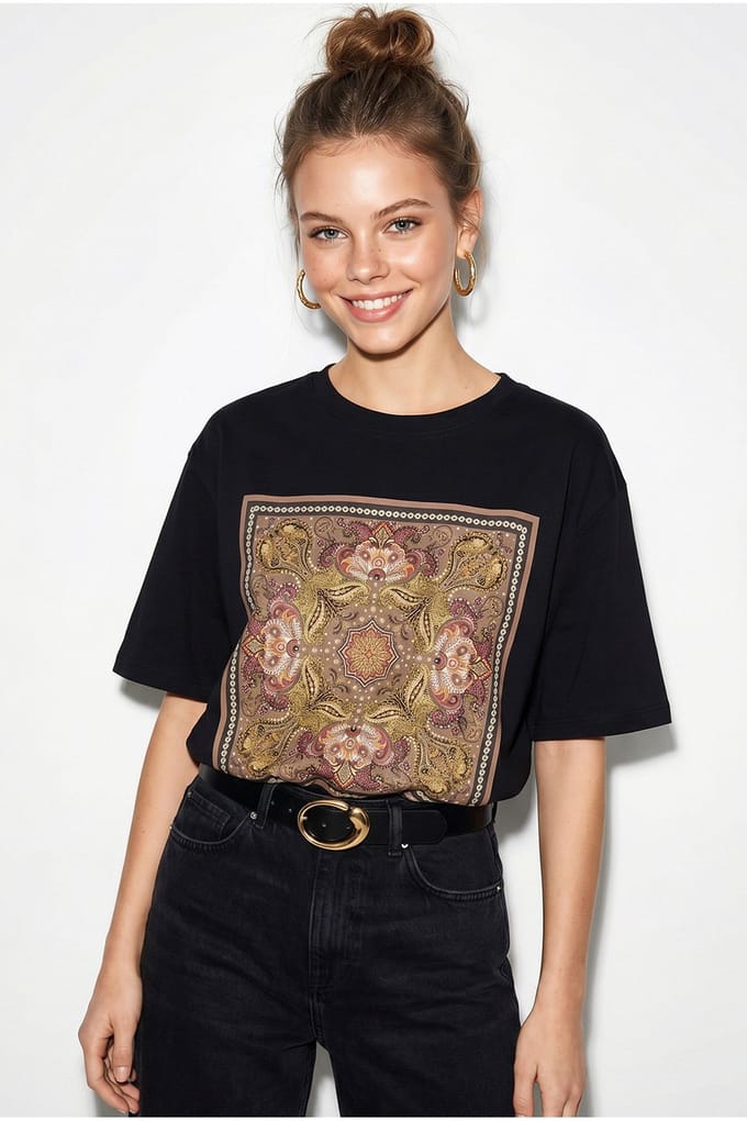 Overmaatse Etnische Print Katoenen T-Shirt