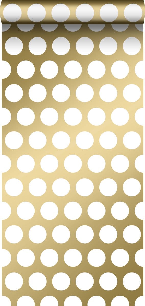 ESTAhome behang grote stippen glanzend goud en wit - 53 cm x 10.05 m - 139116
