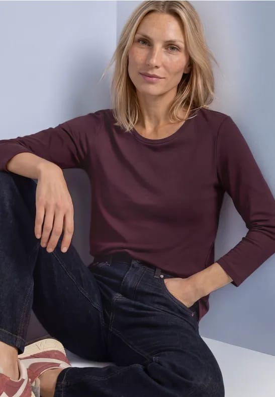 Shirt met 3/4-mouwen en ronde hals in effen kleur