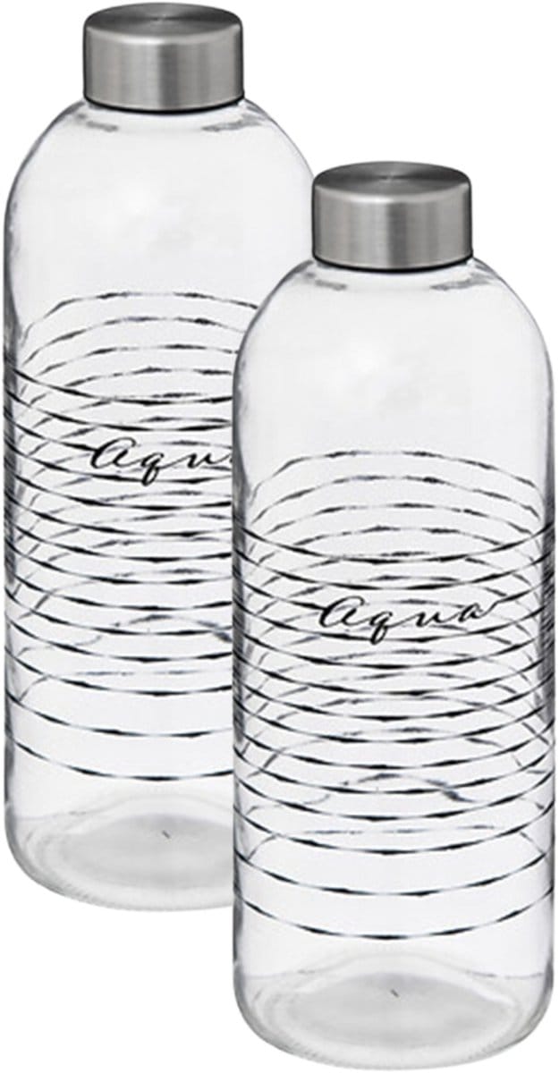5Five Glazen waterfles - 2x - drinkfles - sportfles - helder transparant - met RVS dop - 1000 ml